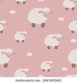 Seamless vector pattern with white sheep, cute kids background