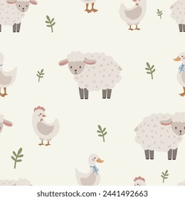 Seamless vector pattern with white sheep, ducks, chickens, flowers. cute kids background