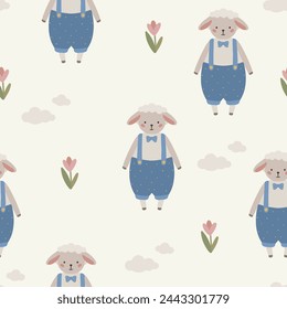 Seamless vector pattern with white sheep cute kids background vintage aesthetic