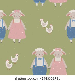 Seamless vector pattern with white sheep cute kids background vintage aesthetic