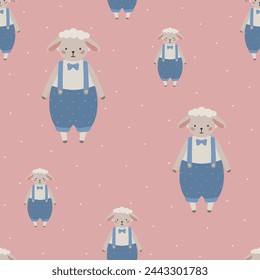 Seamless vector pattern with white sheep cute kids background vintage aesthetic