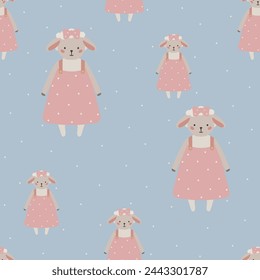 Seamless vector pattern with white sheep cute kids background vintage aesthetic