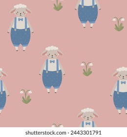 Seamless vector pattern with white sheep cute kids background vintage aesthetic