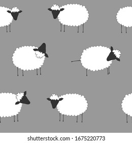 Seamless vector pattern with white sheeps with black muzzles graze in a meadow. Graphic print.