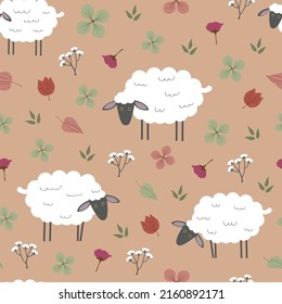 Seamless vector pattern with white sheeps with black muzzles graze in a meadow. Graphic print for children.