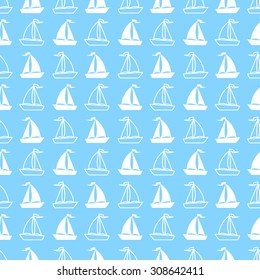 Seamless vector pattern with white ships on the blue background