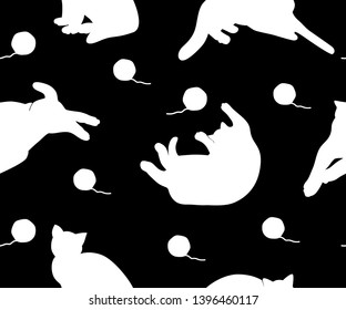 Seamless vector pattern white silhouette of cats on black background. print for clothes, notebook, cover, fabric, textile, website wrapping wallpaper backdrop. Vector illustration