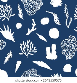 Seamless vector pattern with white silhouettes of seashells and corals on a blue background. Ideal for marine, ocean, and beach-themed designs. Perfect for textiles, wallpapers, and digital prints.