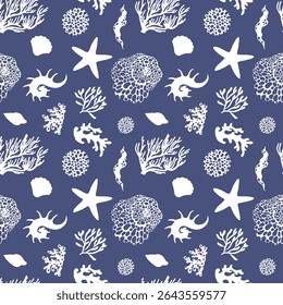 Seamless vector pattern with white silhouettes of seashells and corals on a blue background. Ideal for marine, ocean, and beach-themed designs. Perfect for textiles, wallpapers, and digital prints.