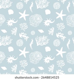Seamless vector pattern with white silhouettes of seashells and corals on a blue background. Ideal for marine, ocean, and beach-themed designs. Perfect for textiles, wallpapers, and digital prints.
