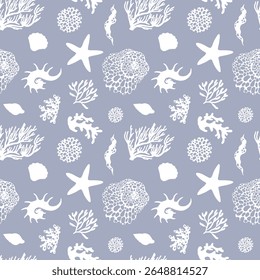 Seamless vector pattern with white silhouettes of seashells and corals on a blue background. Ideal for marine, ocean, and beach-themed designs. Perfect for textiles, wallpapers, and digital prints.