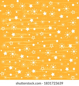 Seamless vector pattern with white snowflakes, stars, snowfall polka dots on an orange background. Illustration for hoop, surface, packaging, postcards.