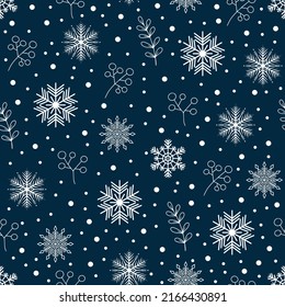 Seamless vector pattern with white snowflakes on dark blue background. Beautiful winter texture