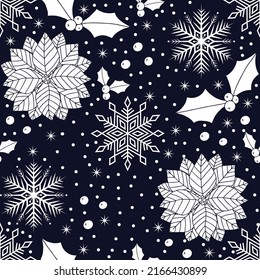 Seamless vector pattern with white snowflakes and christmas plants on dark blue background. Beautiful winter texture