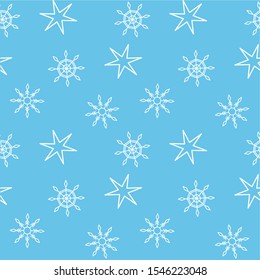 Seamless vector pattern of white stars and snowflakes on blue
background.  Fabric pattern design. Hand-drawn floral print for elegant textile, packaging, paper, postcard