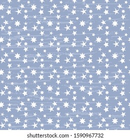 Seamless vector pattern with white stars on a blue background, artistic, with old vintage texture. Surface, packaging, cards, wallpaper. Abstract art illustration.