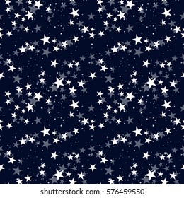 Seamless vector pattern with white stars on dark blue sky. Background for dress, manufacturing, wallpapers, prints, gift wrap and scrapbook. 
