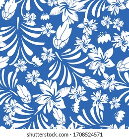 Seamless vector pattern with white stylized flowers silhouettes on a light blue background. Fresh summer pattern for beachwear.