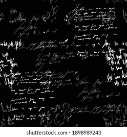 Seamless vector pattern. White text on a black background. Lettering on the chalkboard. Handwritten words in chalk. Letter background. Blackboard illustration