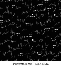 Seamless vector pattern. White text on a black background. Handwritten words in chalk. Letter background.