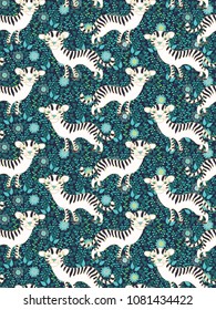 Seamless vector pattern with white tigers on floral background