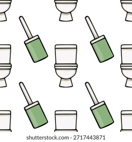 Nahtloses Vektormuster aus weißen Toilettenschüsseln und grünen Toilettenbürsten auf weißem Hintergrund, perfekt für die Badezimmerdekoration und das Branding von Reinigungsprodukten.