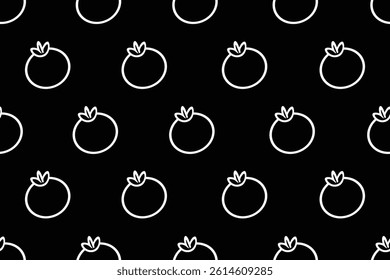 Seamless vector pattern of white tomato outlines on a black background.
