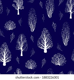 Seamless vector pattern with white trees on a dark blue background. Winter forest.