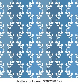 Seamless vector pattern of white twigs with round leaves. Stripes of blue shades.