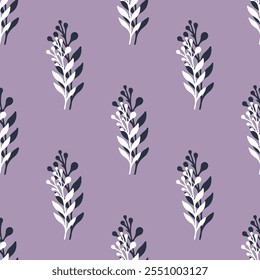 Seamless vector pattern with white twigs on lilac background. Decorative delicate plant print for textiles, fabrics, covers, wallpapers and other surfaces.