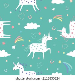 Seamless vector pattern with white unicorns, clouds and rainbows on a blue background. Vector illustration for children.