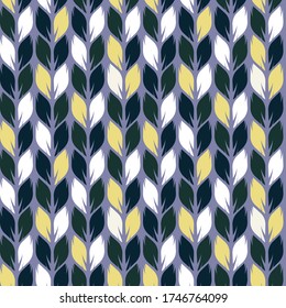 Seamless vector pattern of white, yellow, green and dark blue graphic leaves on a purple background