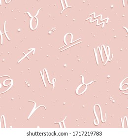 Seamless vector pattern with white zodiac signs on pink background. Space background.