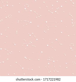 Seamless vector pattern with white zodiac constellations on pink background. Space background.