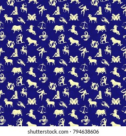 Seamless vector pattern with white Zodiac sign silhouettes on the blue starry background