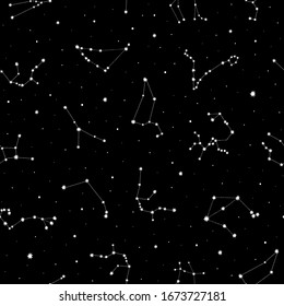 Seamless vector pattern with white zodiacal constellations on black background. Zodiac signs. Space background.