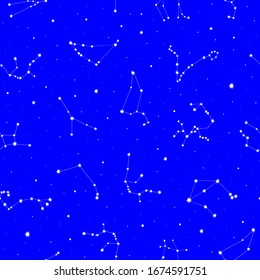 Seamless vector pattern with white zodiacal constellations on blue background. Zodiac signs. Space background.