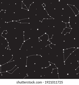 Seamless vector pattern with white zodiacal constellations on black background. Zodiac signs. Space background.