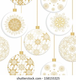 Seamless vector pattern, white-golden ornamental christmas baubles on white background