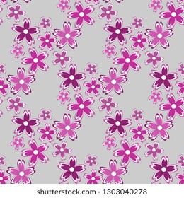 Seamless vector pattern of white-purple flowers on a gray background. Floral and vivid illustration, from hand-made, artistic. Beautiful tile, wrapper, cover, textile, postcard, wallpaper design.