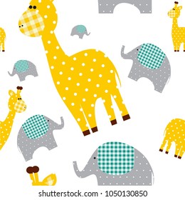 Seamless vector pattern whith cute textile giraffe and elephant