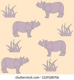 Seamless vector pattern whith light purple stylized simple rhino on peach pastel color background