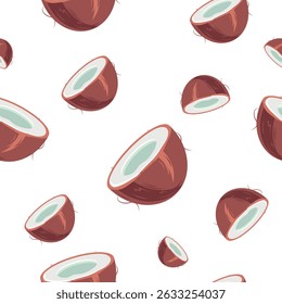 Seamless Vector Pattern with Whole Coconuts in Various Sizes on White Background – Tropical Summer Design for Fabric, Packaging, Wall Art, and Holiday Decor Projects