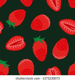 seamless vector pattern with whole and cut red strawberries on dark background