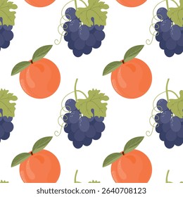Seamless vector pattern with whole peaches and bunches of purple grapes. Colorful fruit design is perfect for summer-themed textiles, wrapping paper, kitchen decor.