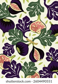 Seamless vector pattern with whole and sliced figs, fig leaves and abstract elements in a modern flat style. Ideal for textile, kitchen decor and packaging.