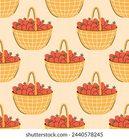 Seamless vector pattern with wicker strawberries basket. Background with summer berries in flat style. Cottagecore design. Farming and gardening texture