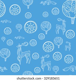 Seamless vector pattern with wild animals on blue background. Christmas pattern with winter trees, foxes and deers.