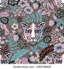 Seamless vector pattern with wild cat face, herbs and flowers. Tiger mask and botanical elements. Fashionable print for textiles