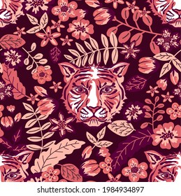 Seamless vector pattern with wild cat face, herbs and flowers. Tiger mask and botanical elements. Fashionable print for textiles